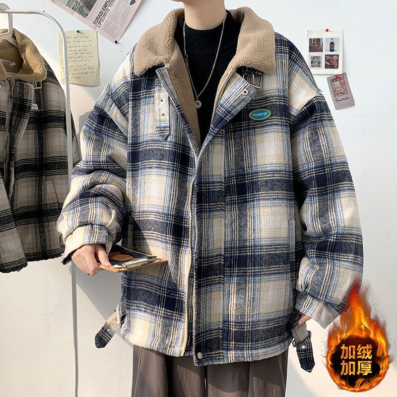 羊羔絨格子棉服外套男士冬季加絨加厚男生冬裝潮牌青少年秋冬棉衣