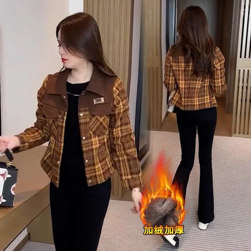 加絨加厚格子短外套女2023冬季新款洋氣質小個子百搭保暖襯衫上衣
