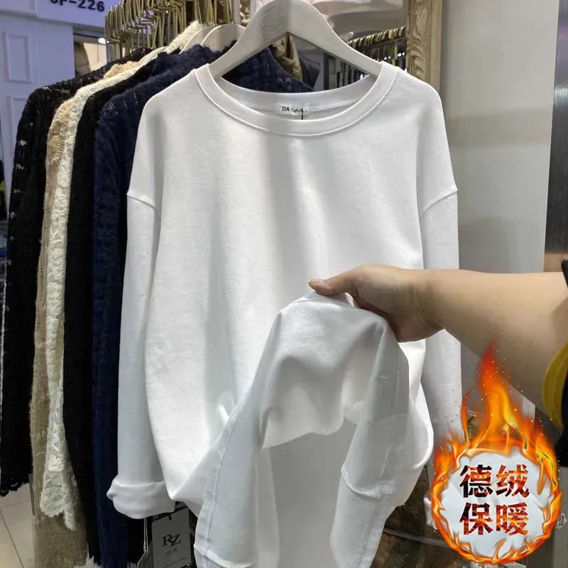 加厚雙面德絨圓領白色打底衫女加絨秋冬磨毛內搭純色寬鬆長袖T恤