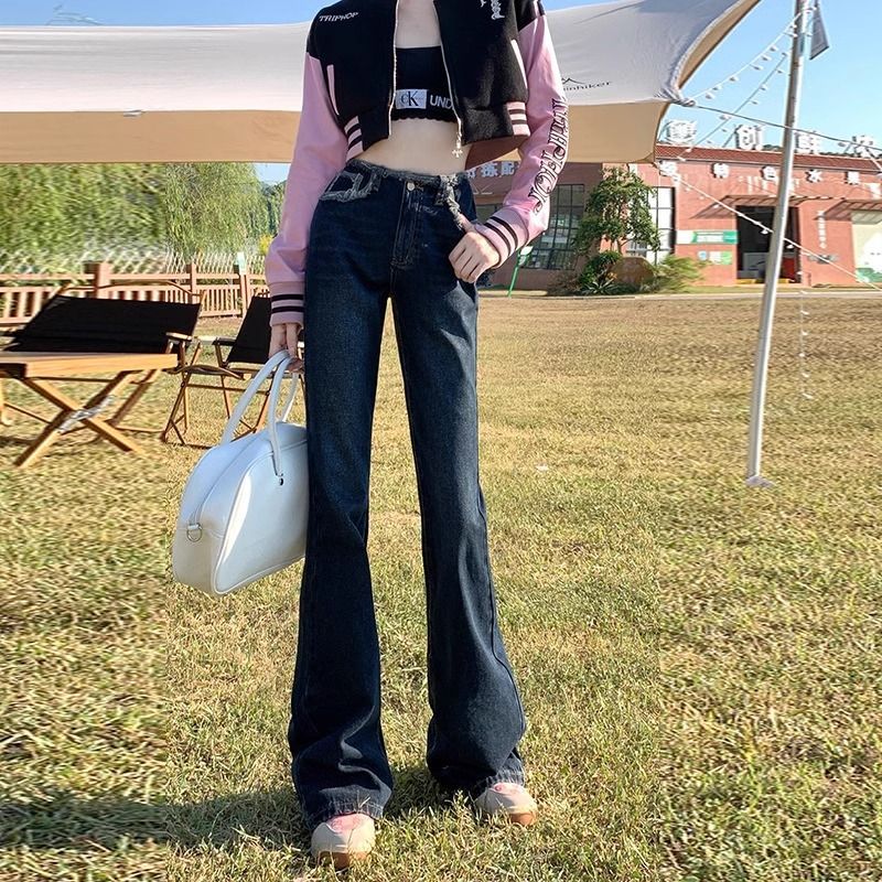 弄格復古高腰微喇叭牛仔褲女2023年春秋新款寬鬆毛邊顯瘦馬蹄褲子