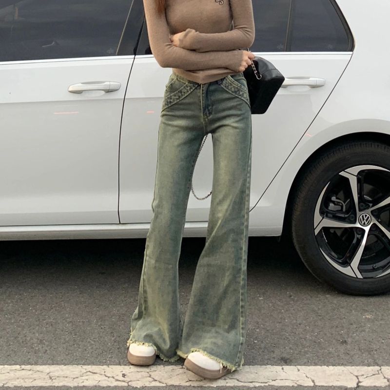 美式高街馬蹄牛仔褲女小個子高腰彈力微喇褲子修身直筒拖地褲長褲