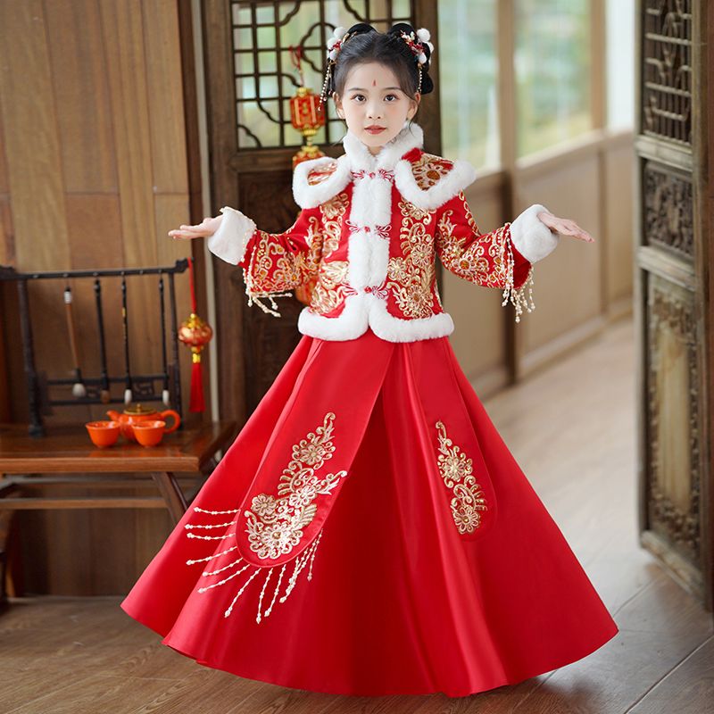 女童漢服秋冬裝兒童裝冬季唐裝2023新款套裝衣服古裝拜年服裝古風