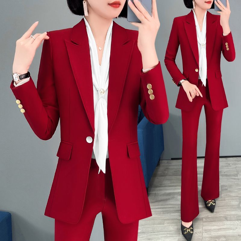 红色西装外套女秋冬新款高级感主持人正装气质西服喇叭裤职业套装