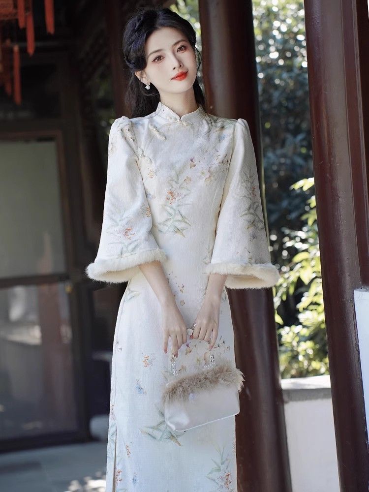 改良旗袍冬款唐裝女秋冬中國風加絨2023新款加厚冬裝新中式連衣裙