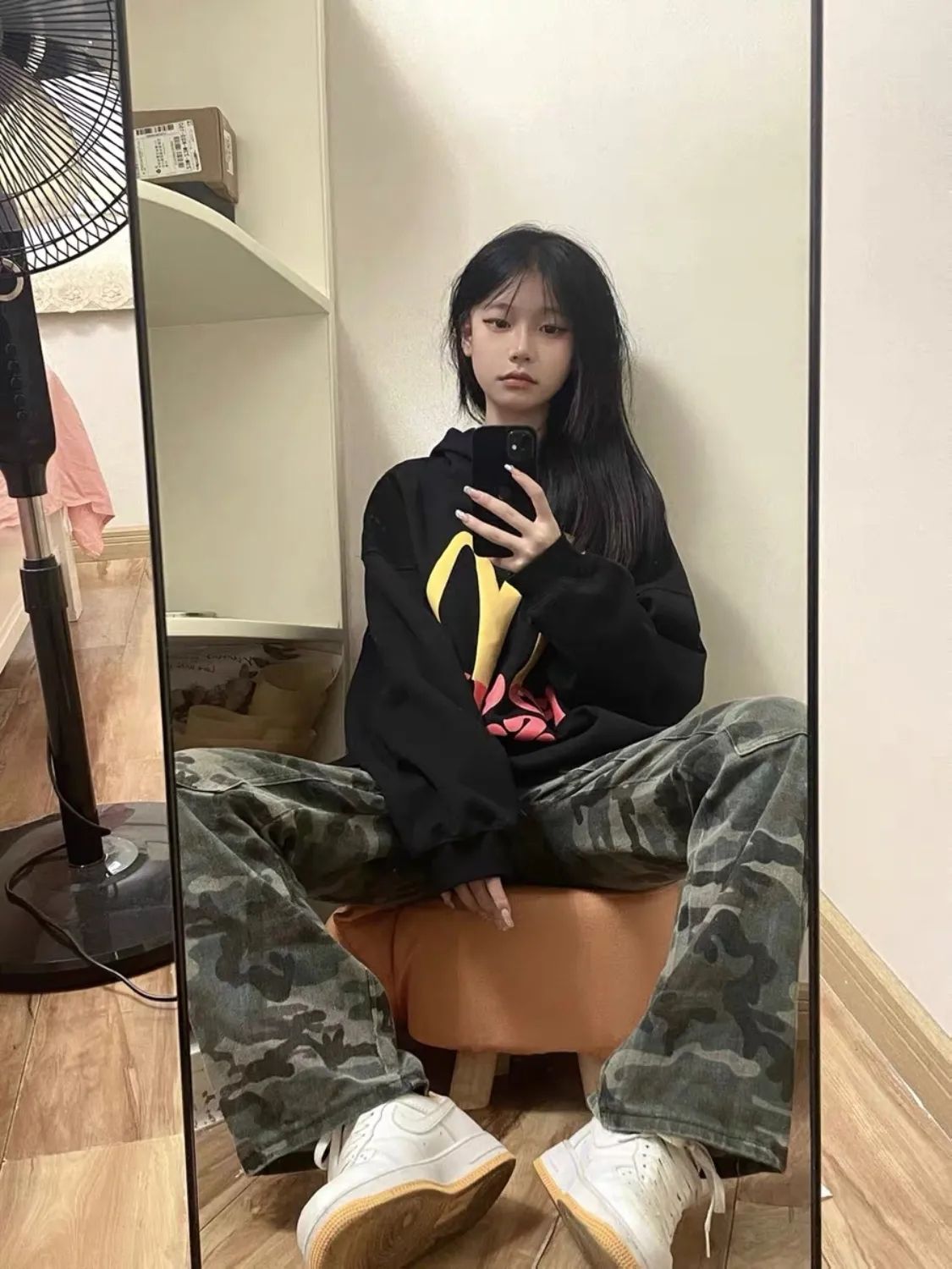 美式復古高腰牛仔褲女冬季迷彩設計感小眾直筒長褲寬鬆闊腿褲子潮