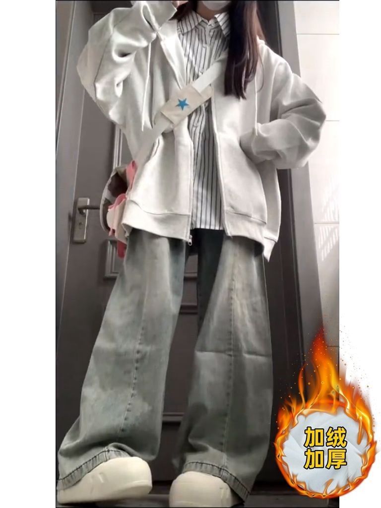 加絨加厚灰白色連帽衛衣女秋冬季慵懶風小眾學生百搭開衫上衣外套