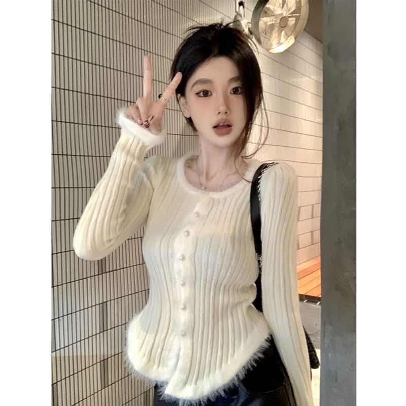 Off-white spliced ​​raw edge knitted cardigan for women in autumn and winter gentle wind pit striped sweater with chic bottoming top