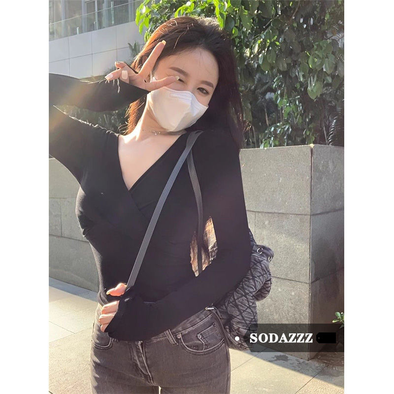 SODAZZZ打底衫性感修身交叉設計上衣女秋冬季氣質百搭顯瘦長袖T恤