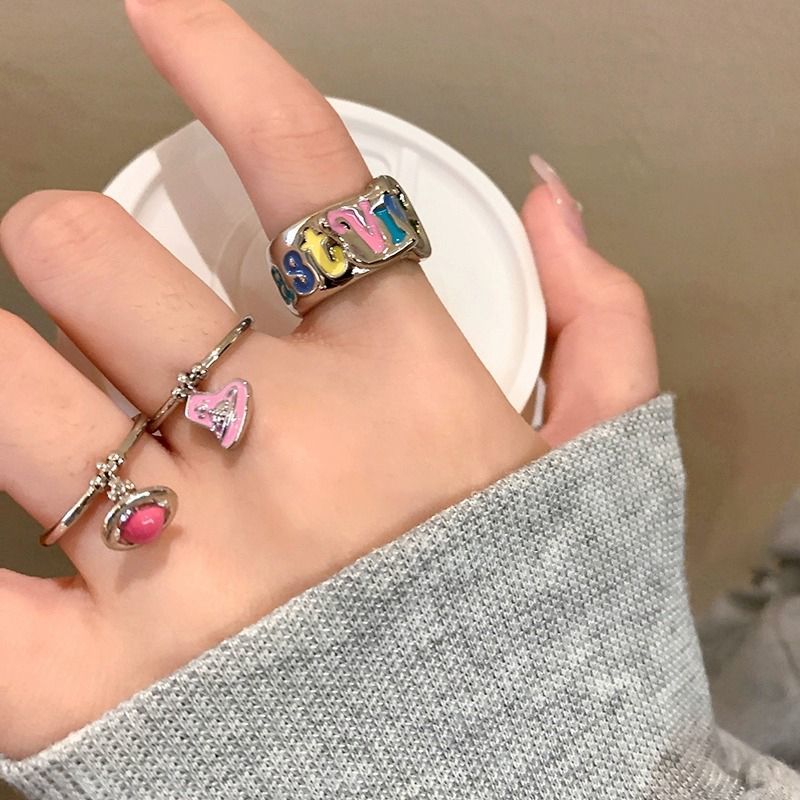 彩色字母愛心西太后戒指女款輕奢小眾精緻開口食指戒獨特個性指環