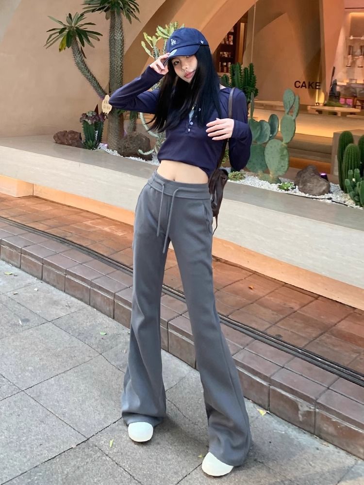 灰色休閒微喇褲女春秋冬新款美式低腰垂感馬蹄修身顯瘦拖地褲子