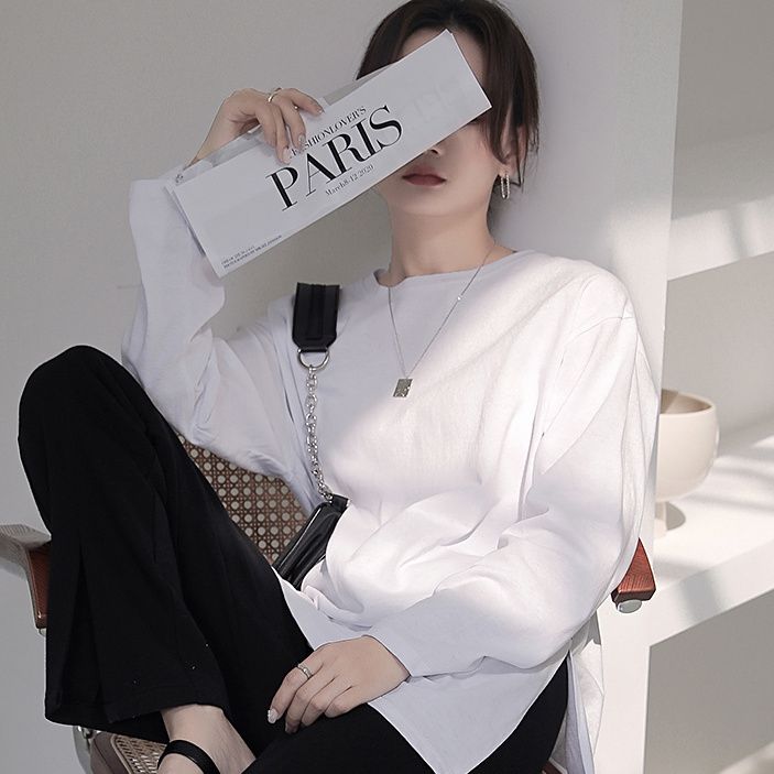100%純棉長袖t恤女ins潮2023新款寬鬆韓版學生bf風白色打底衫上衣