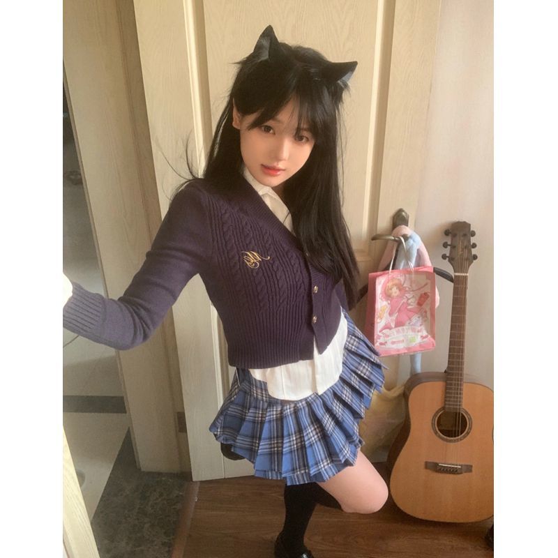套裝女2023冬新款韓系學院風V領修身毛衣開衫襯衫高腰格紋半身裙