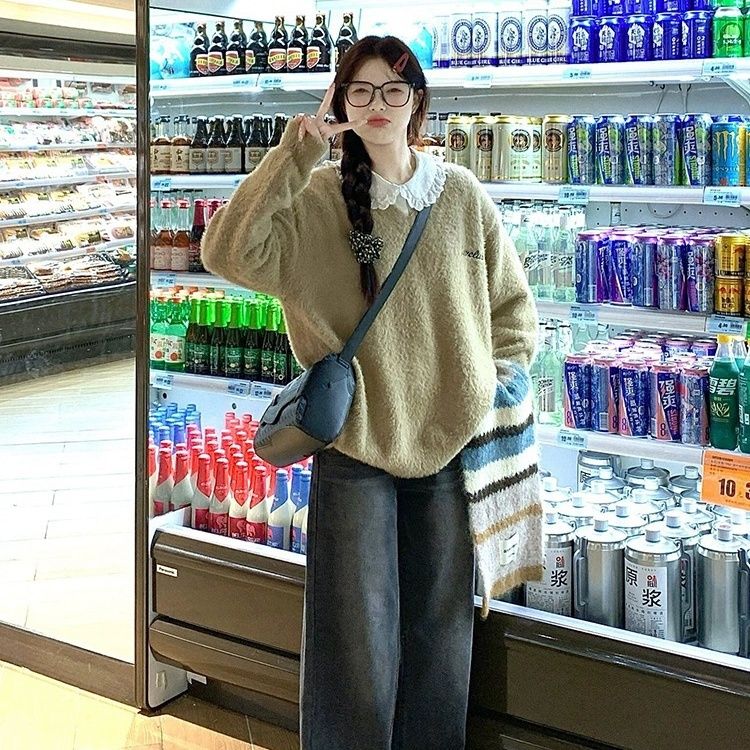 慵懶風美式v領馬海毛毛衣女秋冬寬鬆仿水貂毛復古軟糯外穿針織衫