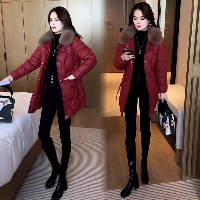 小羊皮羽絨棉服中長款2023冬季新款洋氣修身顯瘦保暖帶毛領皮棉襖