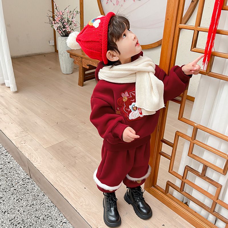 女童男童加绒龙年拜年中国卡通连帽卫衣儿童喜庆可爱新年两件套