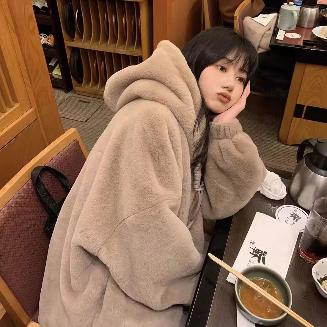 美拉德秋冬季加厚連帽羊羔毛外套女棉襖寬鬆毛絨絨棉衣毛茸茸棉服