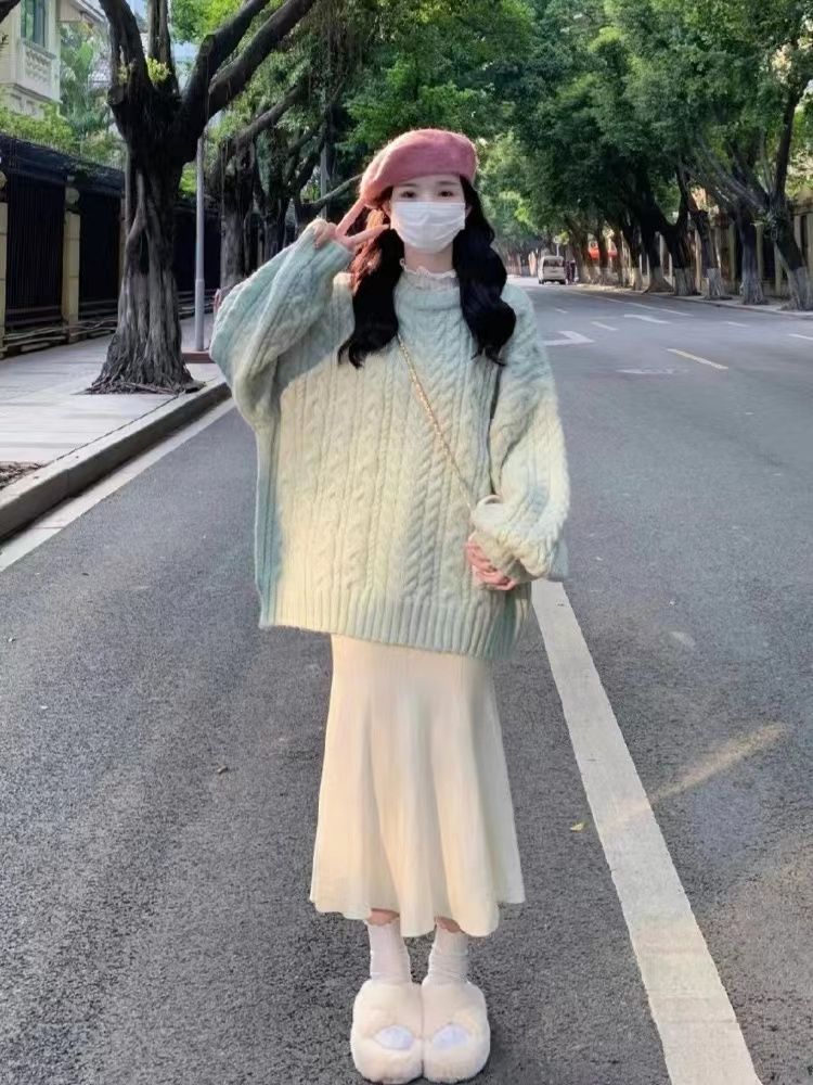 慵懶風套頭針織衫毛衣女韓版2023加厚新款麻花寬鬆秋冬百搭上衣潮