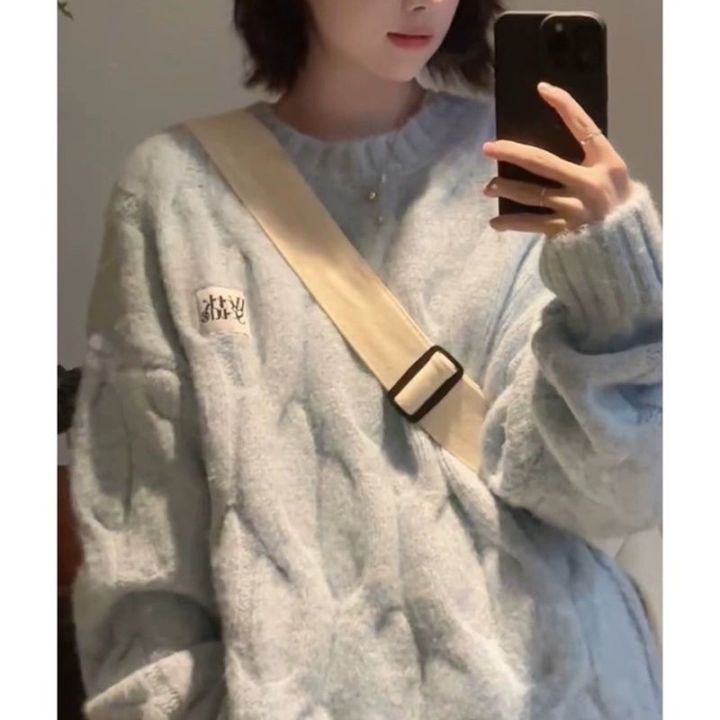日系奶fufu麻花圓領毛衣女秋冬寬鬆慵懶風bf軟糯糯加厚針織衫外套