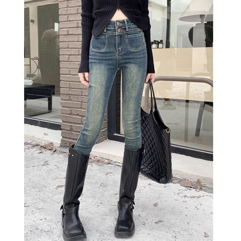小個子高腰牛仔褲女秋冬修身彈力緊身鉛筆褲子休閒九分小腳哈倫褲