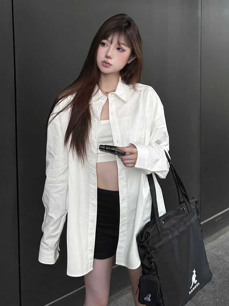 秋季鹽系長袖白色襯衫女內搭外穿寬鬆百搭美式打底襯衣上衣女洋氣