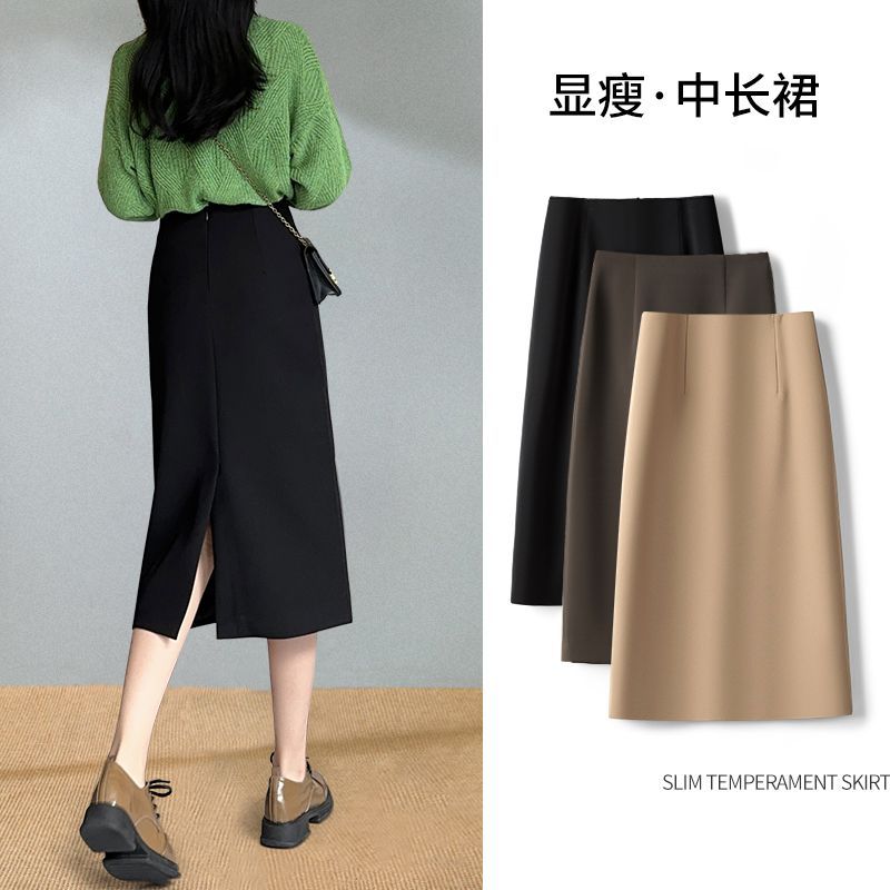 Woolen skirt autumn and winter women's new mid-length half-step skirt winter high-waist slit straight skirt for small people