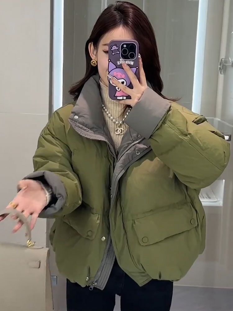 藍海奕諾撞色寬鬆短款羽絨服外套女2023冬季立領加厚小個子麵包服
