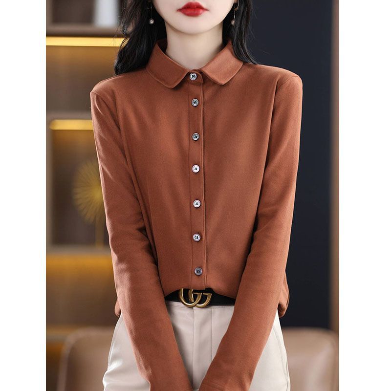 韩版双面绒加厚长袖衬衫女秋冬polo领内搭衬衣时尚新款设计感上衣