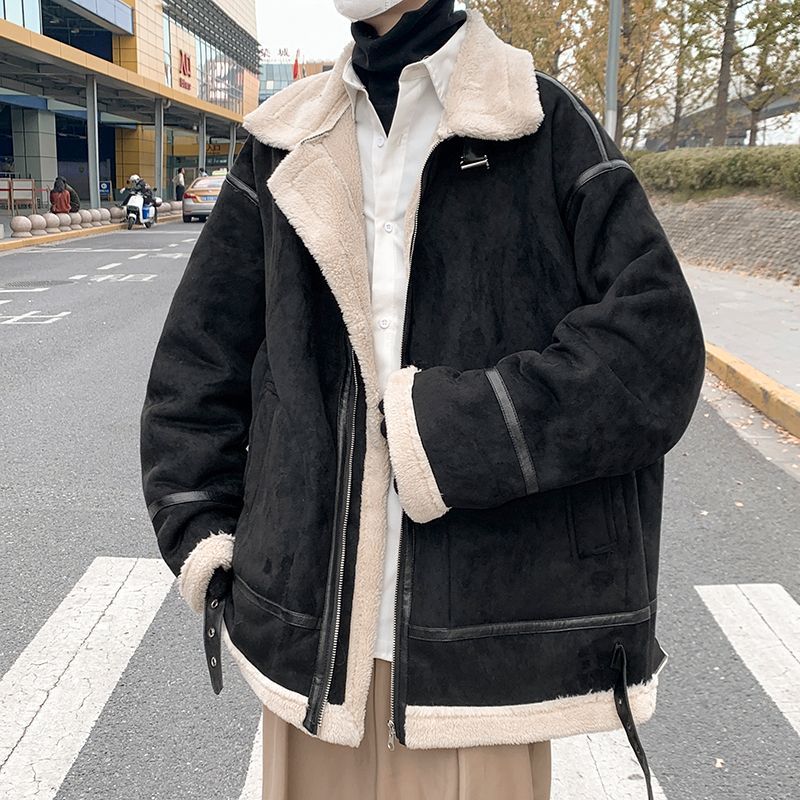 麂皮绒翻领棉衣男冬季新款加绒加厚保暖外套美式羊羔毛机车服夹克