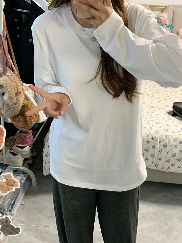 長袖T恤純棉打底衫純色寬鬆百搭初秋新款女裝ins白色上衣學生潮