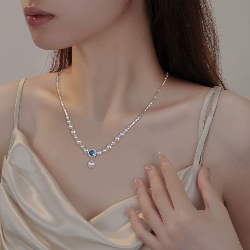 珍珠项链海蓝宝2023新款气质奢小众简约设计复古高级法式锁骨