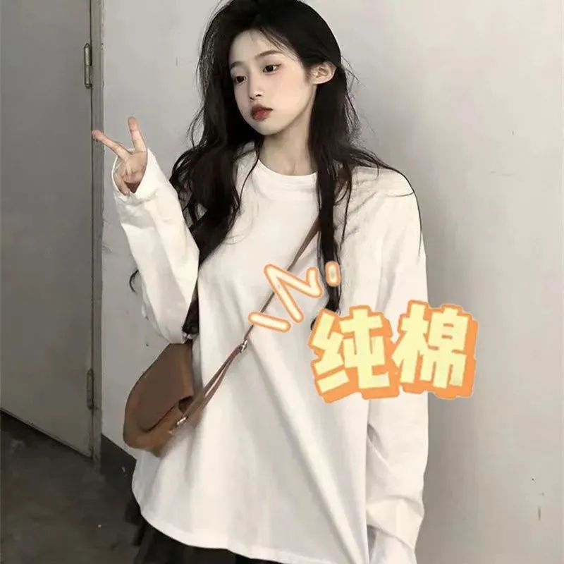 100%純棉上衣打底衫女春秋韓版2023新款寬鬆百搭白色長袖t恤內搭