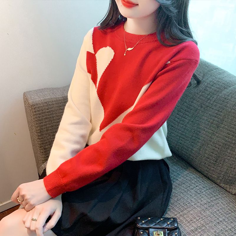 法式紅色慵懶風加厚針織套頭聖誕毛衣女簡約通勤秋冬季2023年新款
