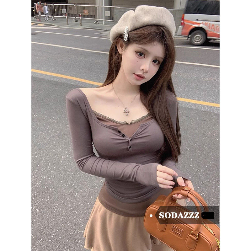 SODAZZZ假兩件蕾絲拼接修身長袖T恤女秋冬純欲性感內搭打底衫上衣
