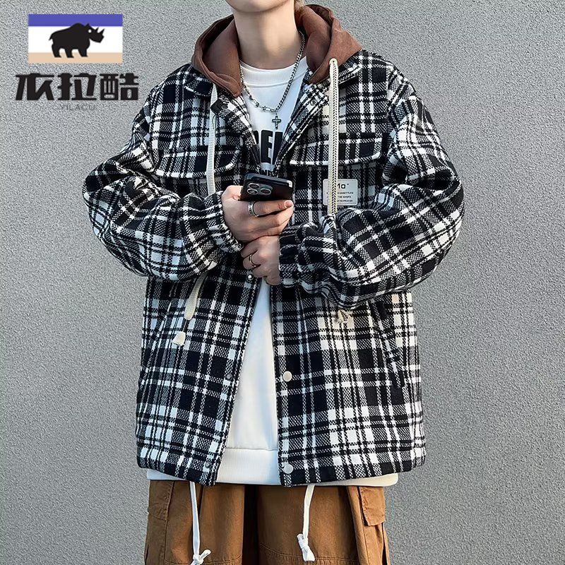 學生男美式復古格子外套男冬潮高街vibe棒球服小香風襯衫夾克褂子