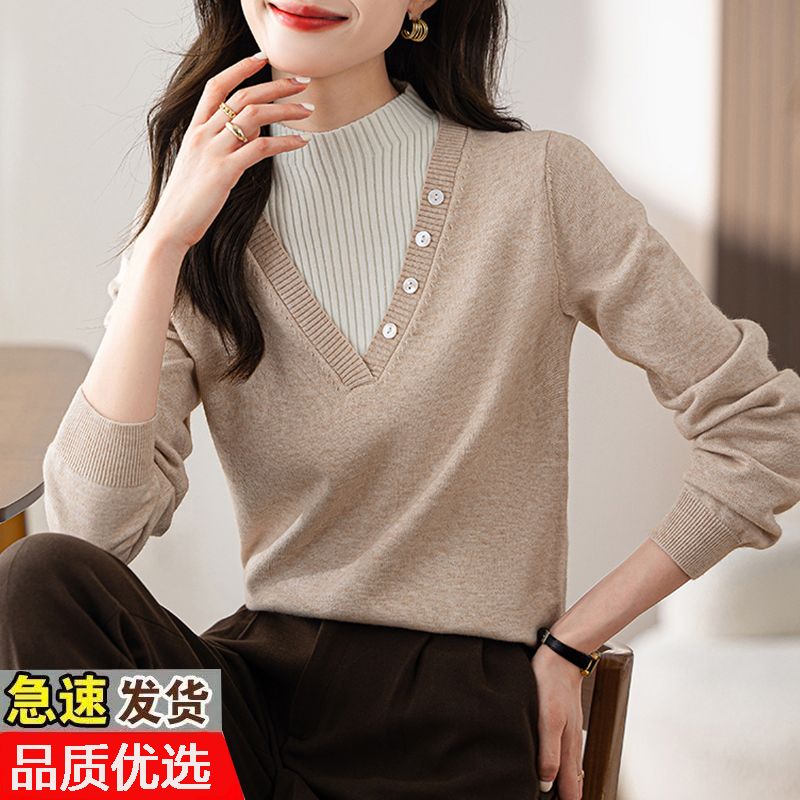 2023秋冬新款加厚設計感假兩件針織衫女疊搭式半高領直筒上衣毛衣
