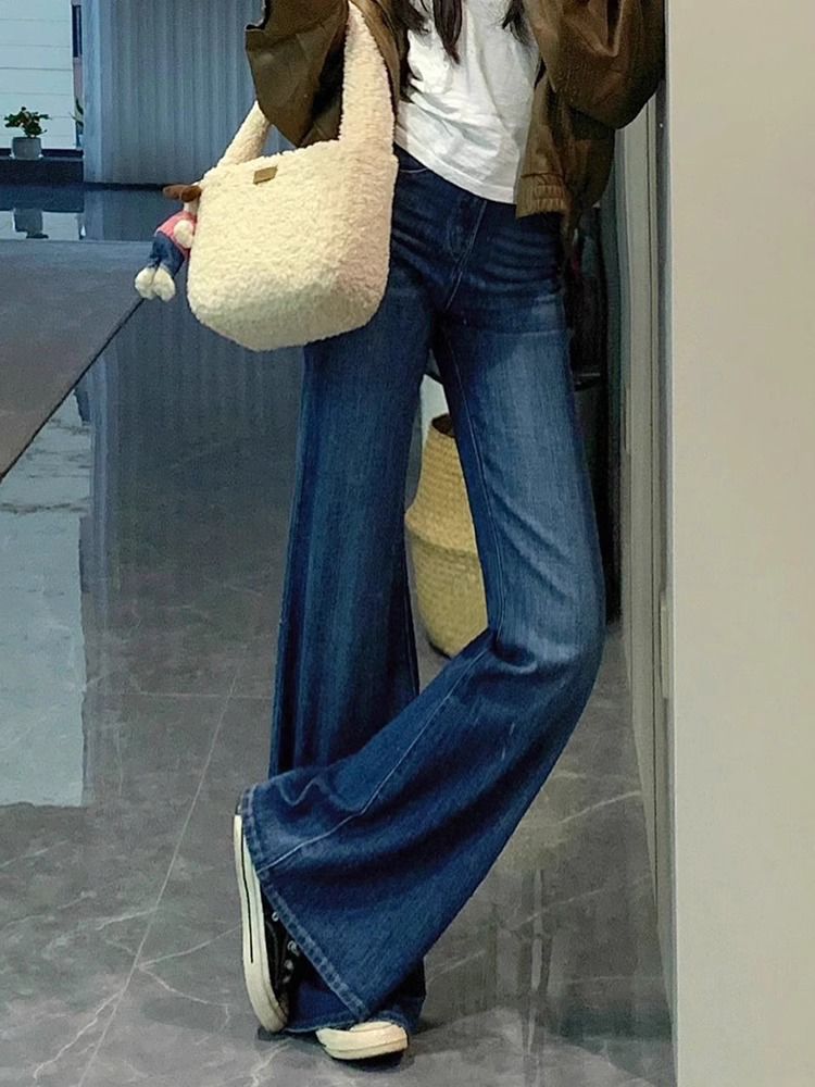 美式復古微喇牛仔褲女冬季新款修身直筒顯瘦闊腿拖地彈力喇叭褲子