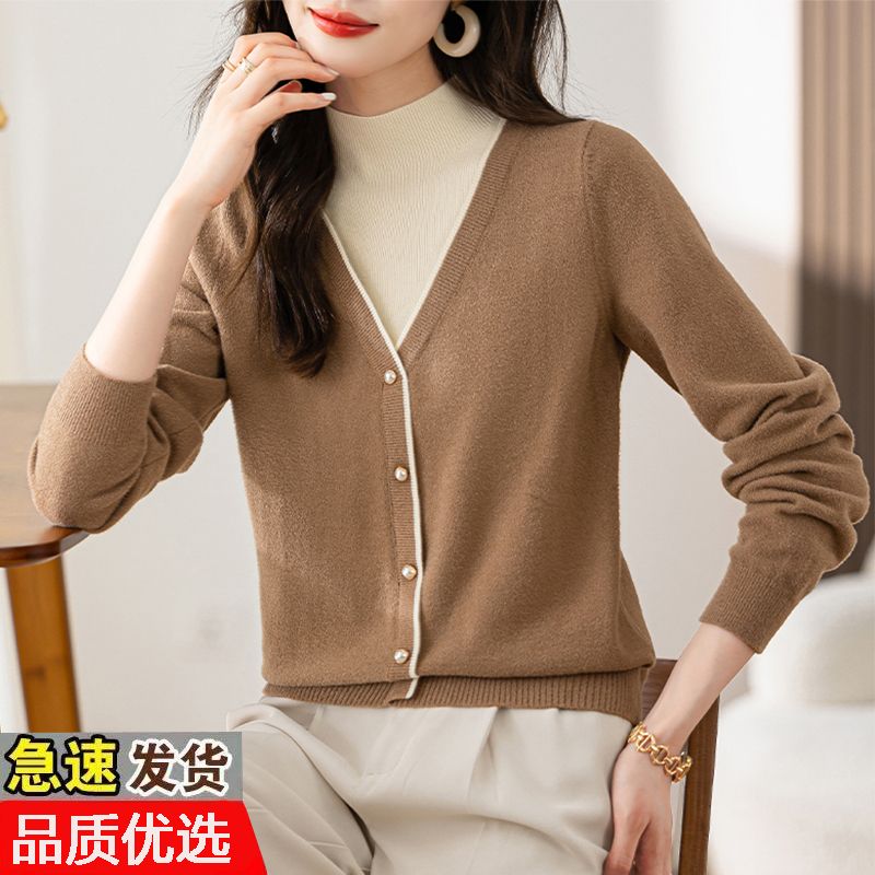 高檔V型撞色針織衫女2023秋冬新品法式半高領保暖百搭打底上衣潮