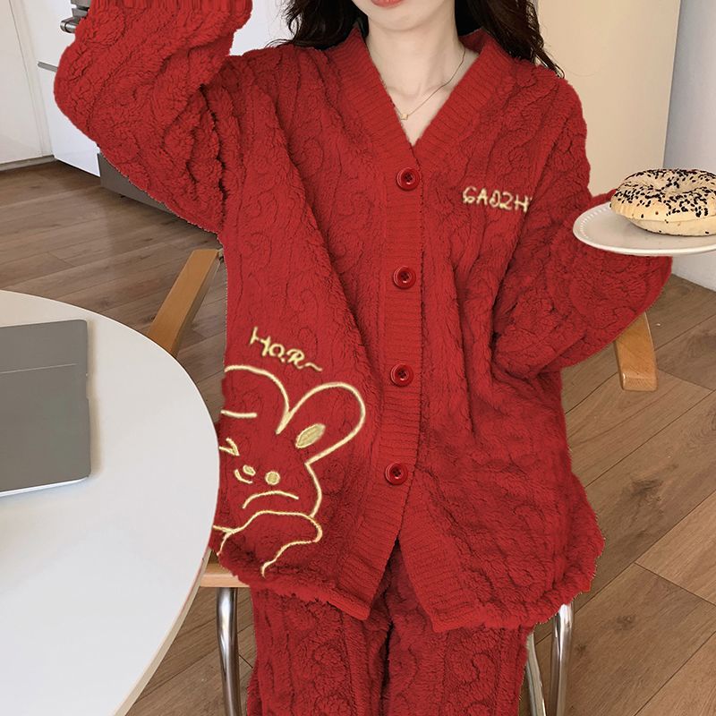 韓版卡通珊瑚絨睡衣女款秋冬季加厚加絨甜美外穿休閒風家居服套裝