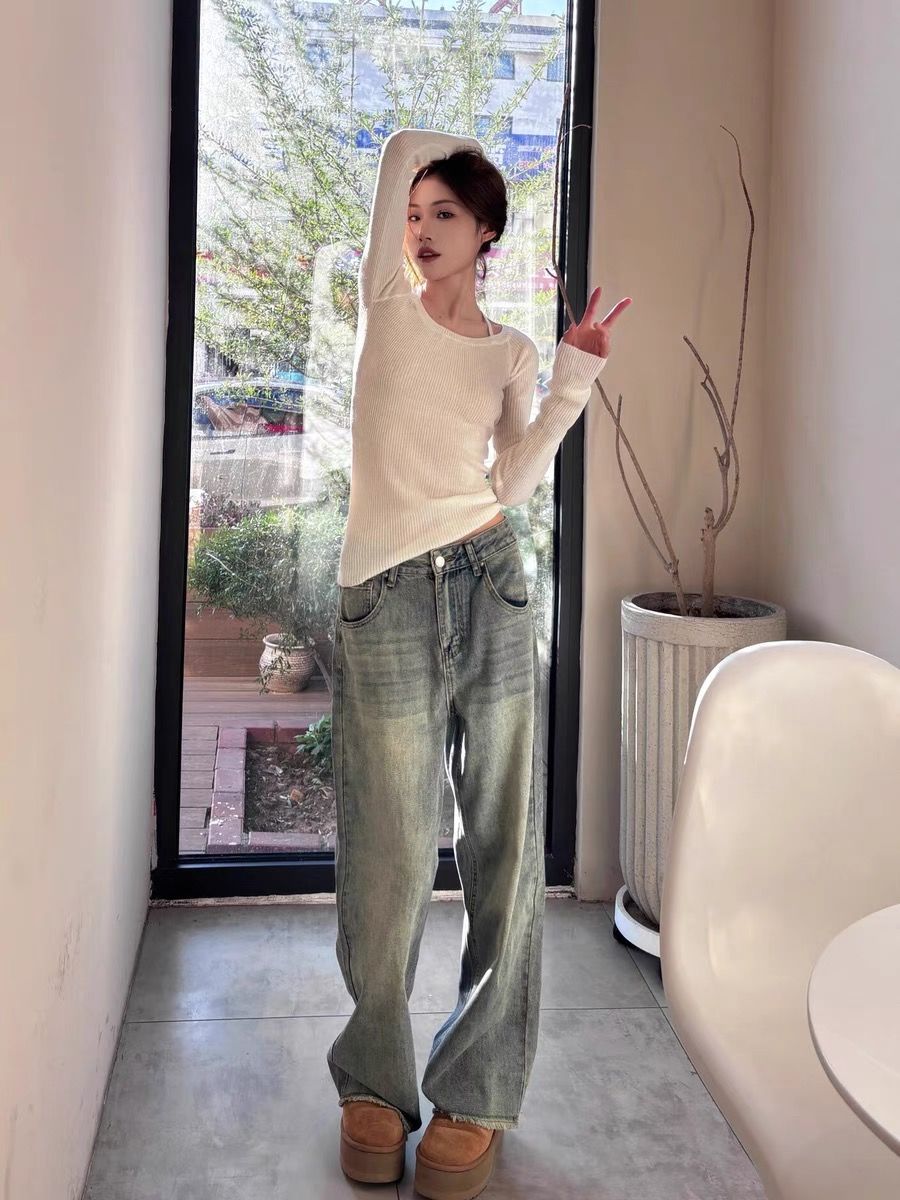 美式復古牛仔褲女秋冬寬鬆高腰水洗做舊氣質辣妹高街直筒闊腿褲子