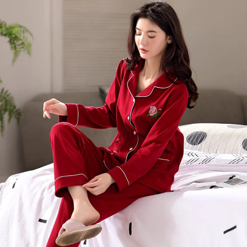 High-end pure cotton pajamas for women spring and autumn long-sleeved animal year red festive autumn and winter cotton lapel home wear set