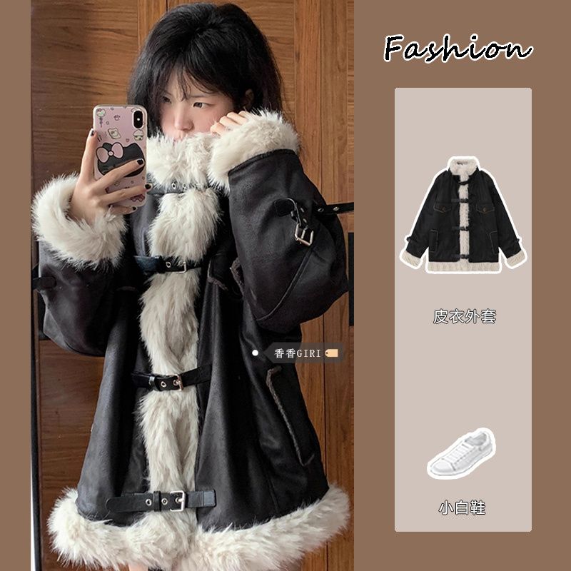 Retro Hong Kong style quilted thickened suede jacket autumn and winter 2023 new lamb wool cotton coat black plush cotton coat