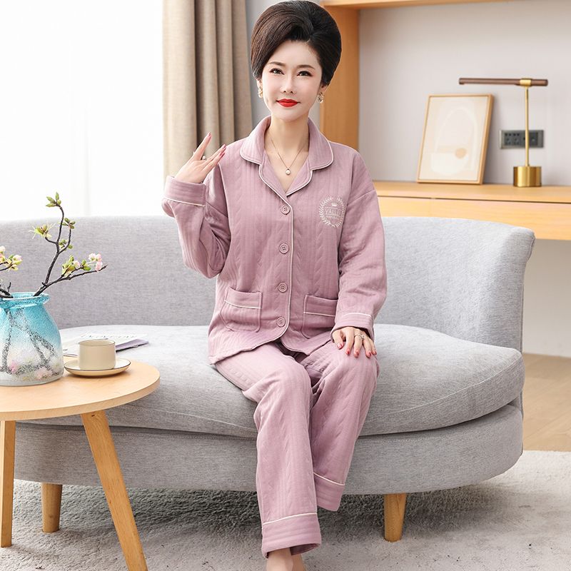 睡衣女士秋冬季長袖夾層加厚保暖純棉中年媽媽大碼休閒氣質家居服