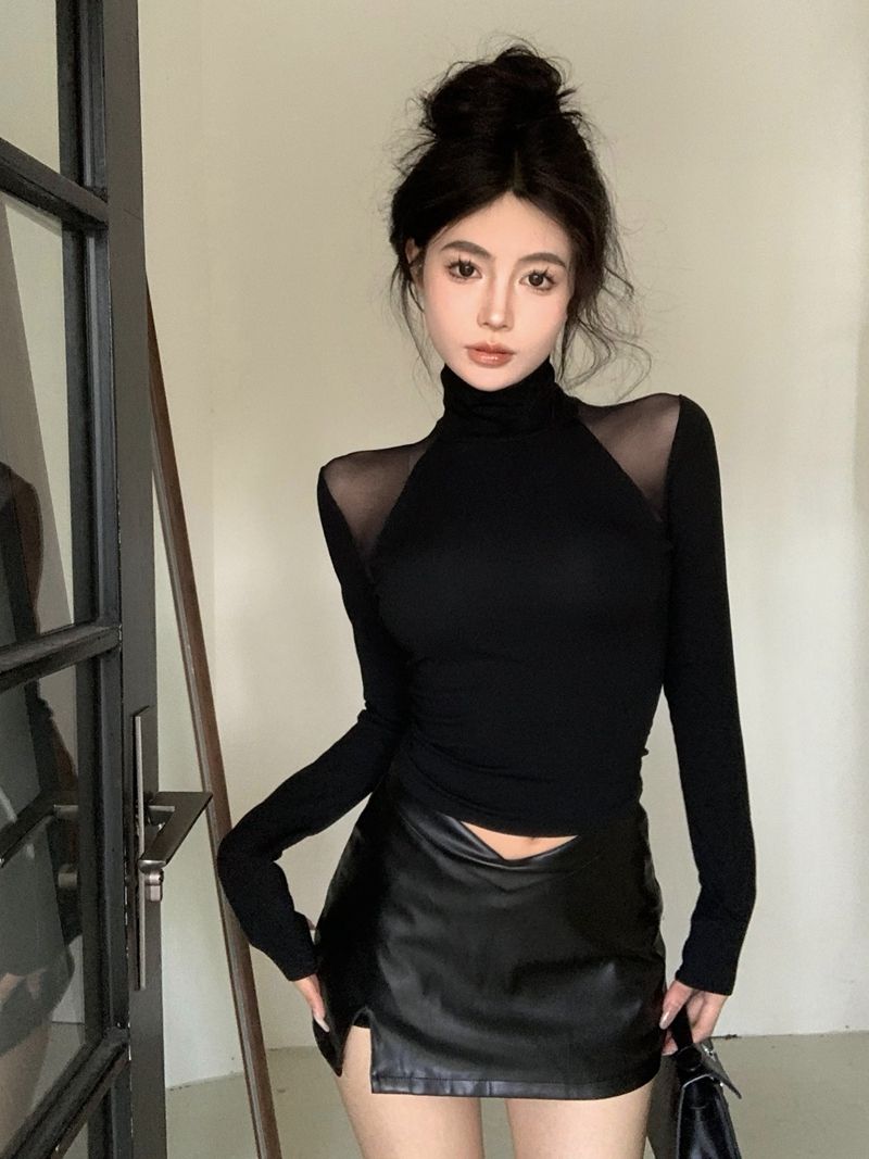 網紗拼接高領透視打底衫長袖T恤女冬季黑色短款修身純欲內搭上衣