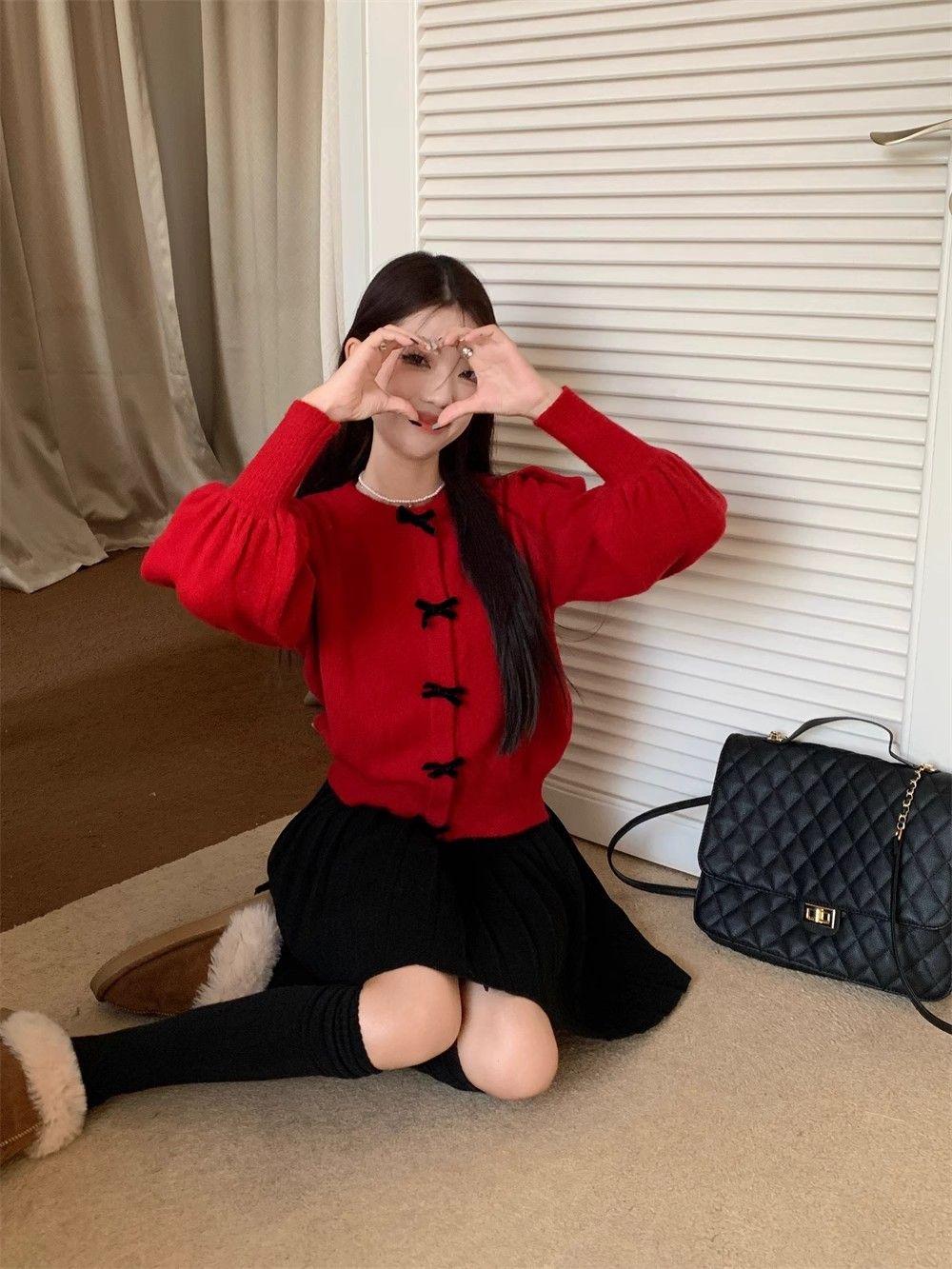 New Year and Christmas Outfits Red Sweater Women's Autumn and Winter Lazy Style Soft and Waxy Thickened Age-Reducing Bow Knitted Cardigan