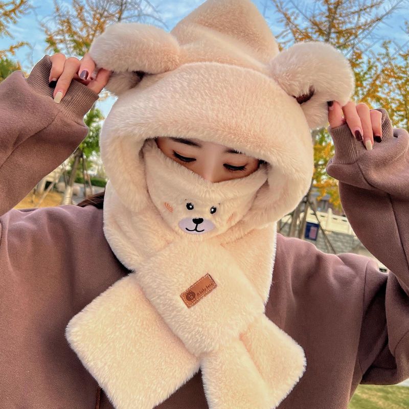 Bear Hat Women's Winter Warm Scarf One-piece Pullover Hat Cycling Cold Protection Ear Protection Cute Plush Scarf