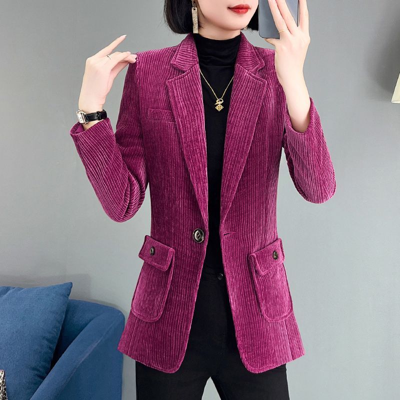 燈芯絨條紋西裝外套女冬季新款高級感修身顯瘦小個子休閒條絨西服