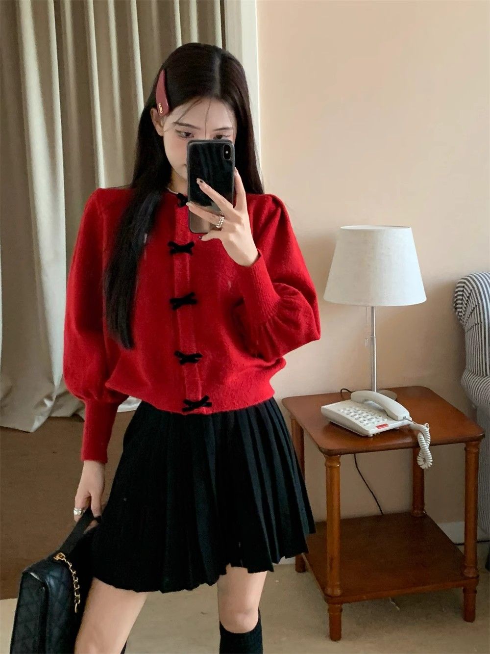 New Year and Christmas Outfits Red Sweater Women's Autumn and Winter Lazy Style Soft and Waxy Thickened Age-Reducing Bow Knitted Cardigan