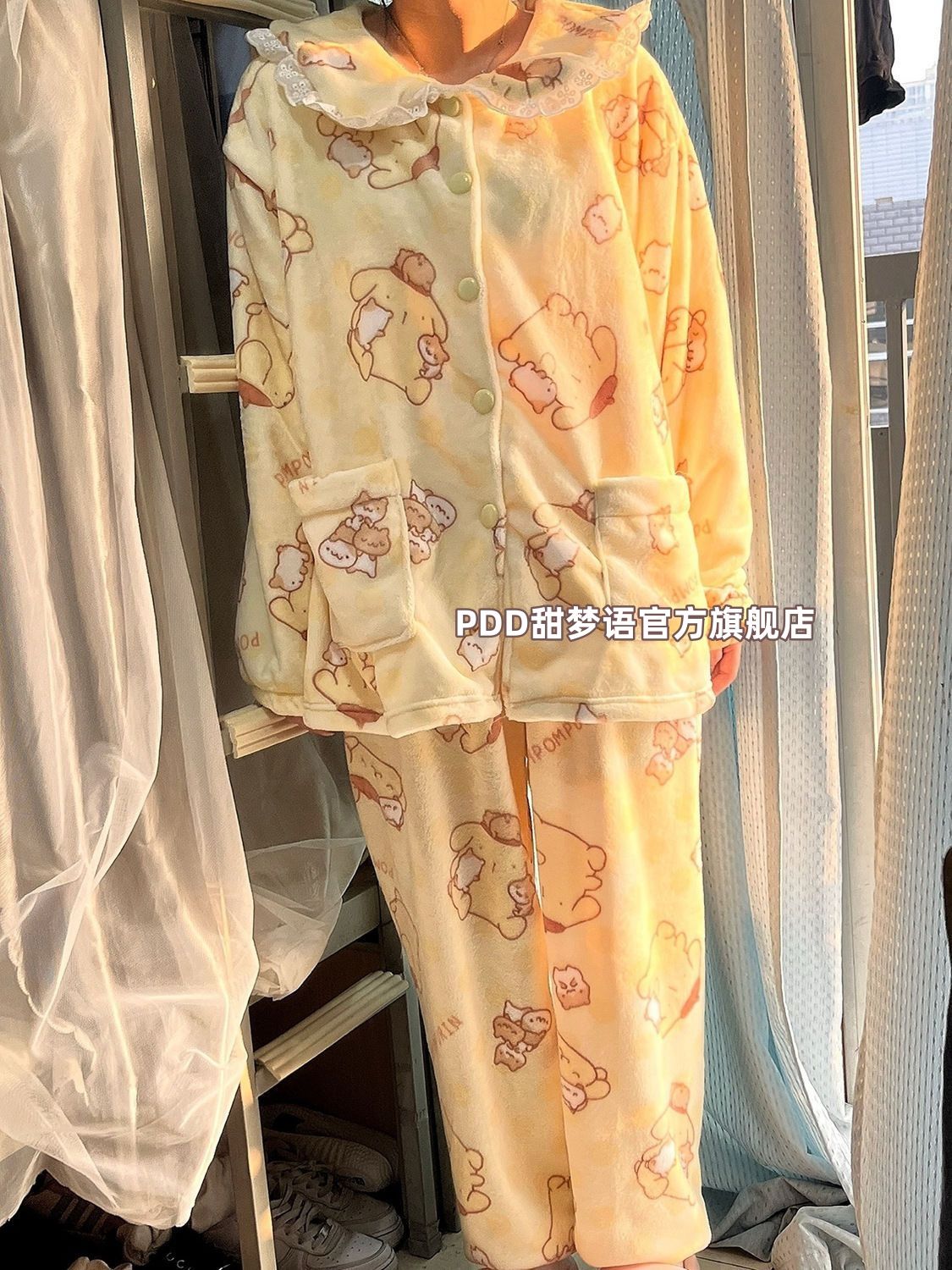 秋冬款睡衣女加厚保暖珊瑚絨法拉絨卡通可愛布丁狗家居服套裝冬天
