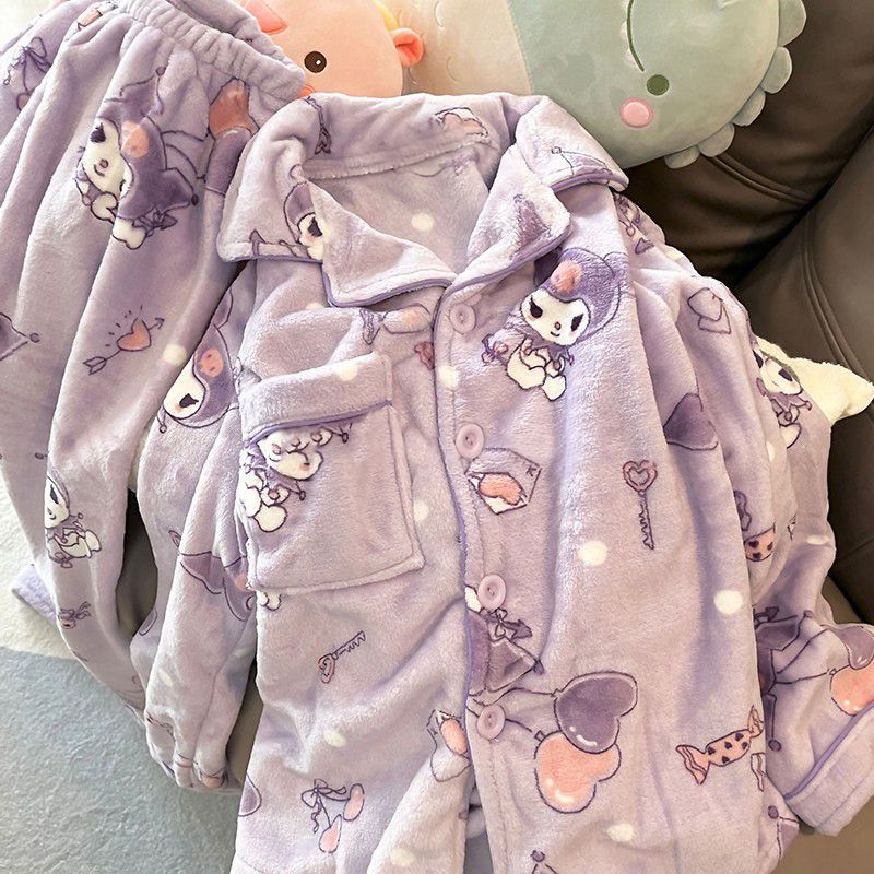 珊瑚絨睡衣女秋冬款加絨加厚保暖套裝少女學生美樂蒂家居服可外穿