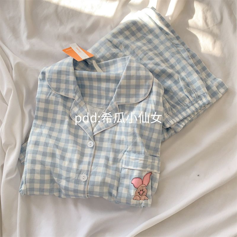 可愛小豬皮傑睡衣女春秋冬季新款格子長袖長褲學生卡通家居服套裝